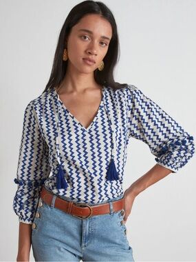 Maison 123 Marjorie Blue Zigzag Print Tassel Blouse Small Boho Paris
